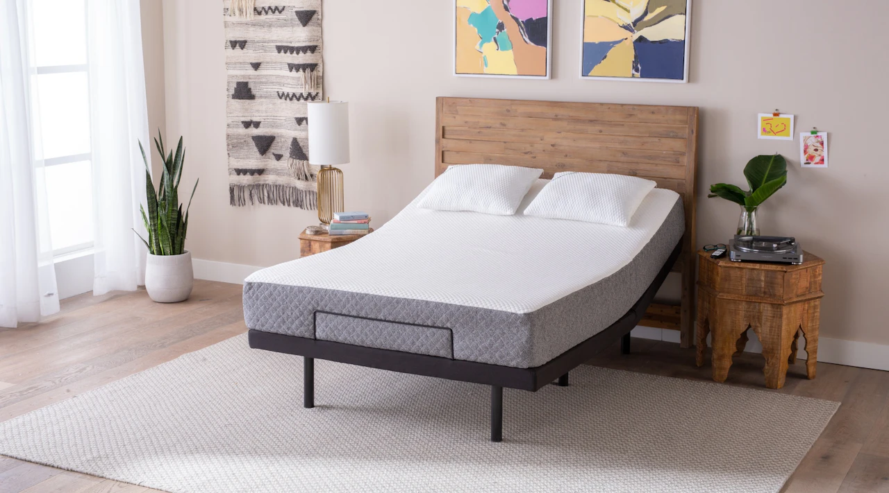 GhostBed Adjustable Bed Base with a memory foam mattress.